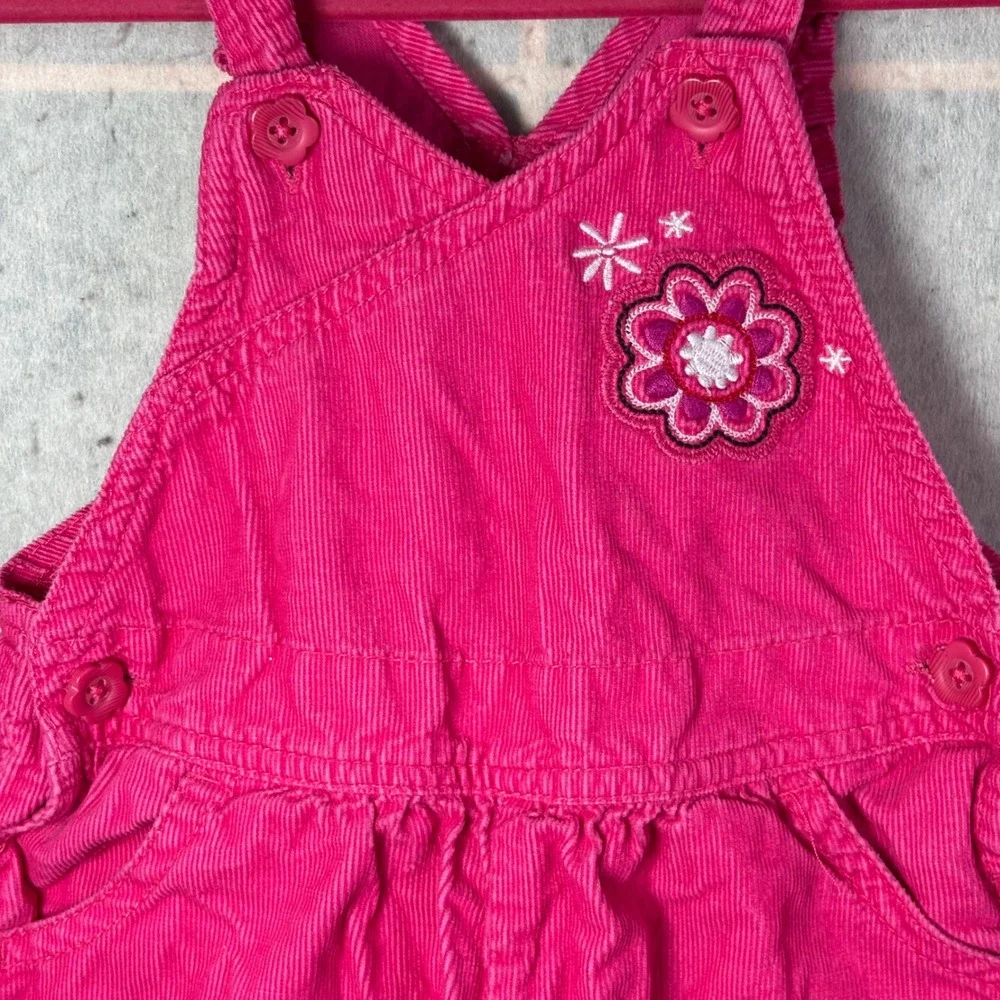 OshKosh Bgosh Corduroy Overalls Baby Girls 12M Pink Floral Embroidery Ruffle Hem